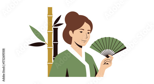 Elegant woman in traditional green attire holding a hand fan.