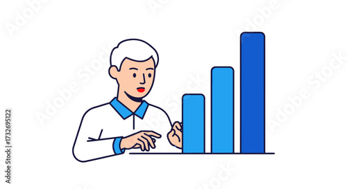 Young businessman analyzing a rising bar chart for growth.