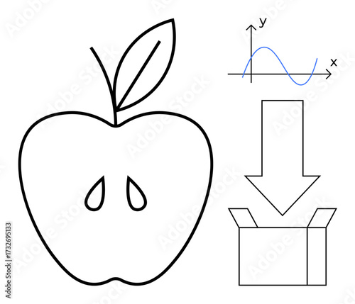 Apple with seeds and leaf, mathematical graph, and downward arrow pointing to box. Ideal for education, science, growth, analytics, food logistics process. Simple flat metaphor