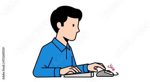 Cartoon illustration of a man using a computer and mouse.