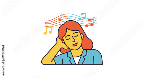 Illustration of a woman with red hair listening to music.