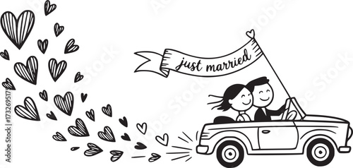 Love on the Road: A charming illustration depicts a newly married couple in a classic convertible car. Floating hearts trailing the car. It celebrates the start of a journey together