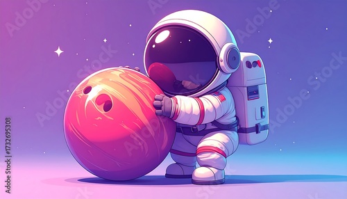 Cute astronaut holding a bowling ball in space