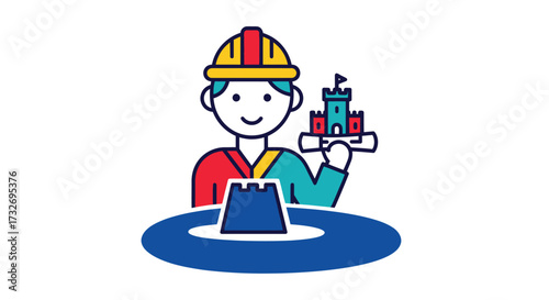 Creative architect icon with castle design plan.