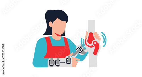 Female Engineer Assembling a Sophisticated Robotic Arm Illustration.