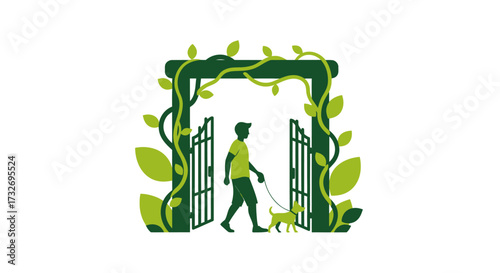 Man walking his small dog on a leash through a vine covered gate.