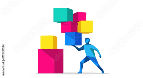 Stylized man balancing colorful blocks in a precarious stack.