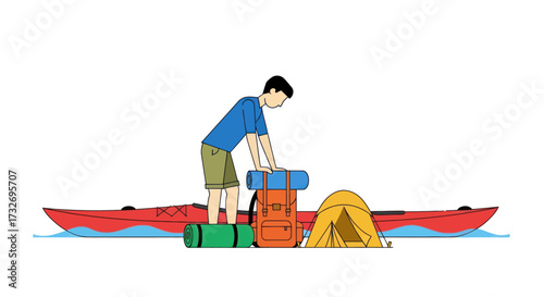 Man preparing for outdoor adventure with kayak and camping equipment.