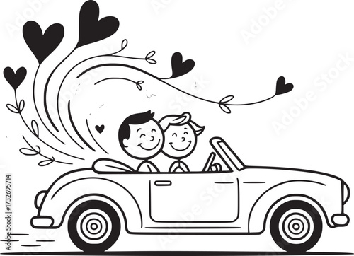 Romantic Getaway Car: a delightful black and white illustration of stick figure couple riding away in an open-top car as hearts float behind