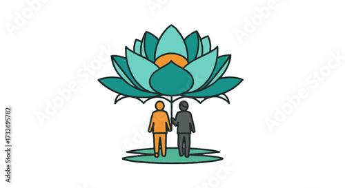 Two stylized figures finding shelter under a giant lotus flower.
