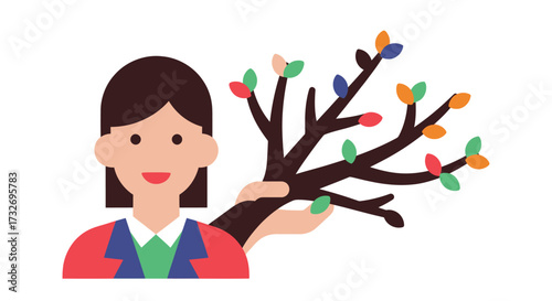 Woman Holding a Colorful Branch Symbolizing Growth and Nature.