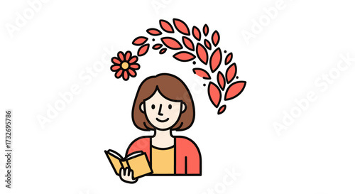 Illustration of a woman reading a book with imagination.