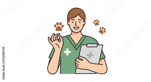 Smiling Male Veterinarian in Green Scrubs Holding a Clipboard.
