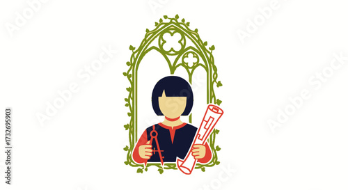 Illustration of a historical female architect with plans.