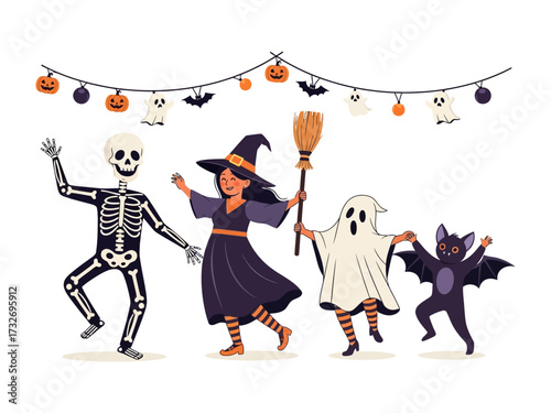 Halloween Costume Party: A delightful collection of children in playful costumes of skeleton, witch, ghost, and bat celebrate the festive Halloween holiday.