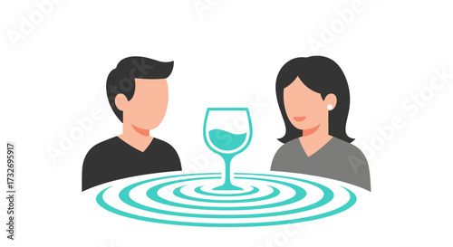 Man and woman at a table with a glass causing ripples.