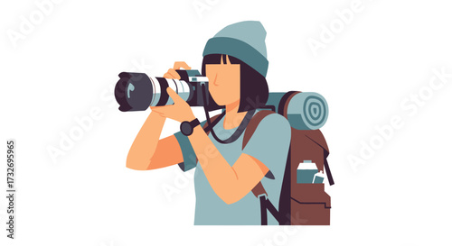 Vector illustration of a female travel photographer with a backpack.