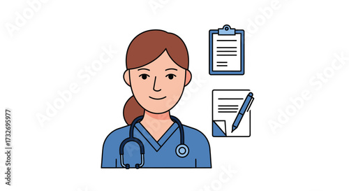 Female doctor with stethoscope and medical charts illustration.