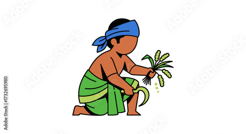 Vector illustration of a traditional farmer harvesting crops with a sickle.