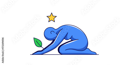 Blue person discovers a hopeful new green sprout.