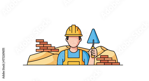 Cartoon illustration of a professional bricklayer with a trowel.
