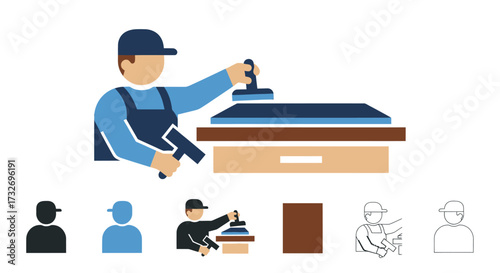 Vector Icon Set of a Worker Doing Manual Screen Printing.