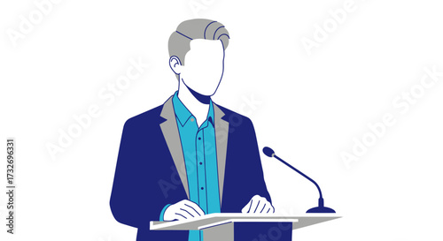 Faceless businessman presenting at a conference lectern illustration.
