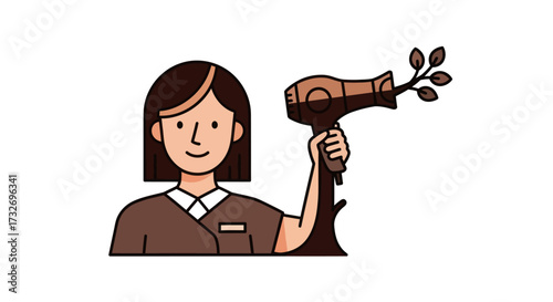 Woman hairstylist holding an eco friendly nature themed hairdryer.