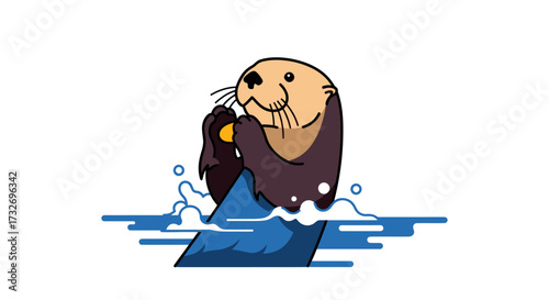 Cute cartoon sea otter floating happily in the water.