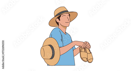 Illustrated man in a summer hat holding sandals and another hat.