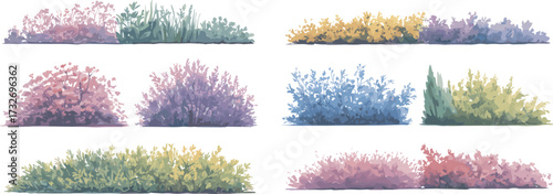 Colorful bush illustration set, cartoon garden shrubs, foliage texture variety, landscaping clipart pack, nature design elements, vector plant graphics, outdoor assets