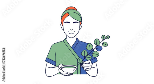 Illustration of a woman in a spa preparing a natural herbal remedy.