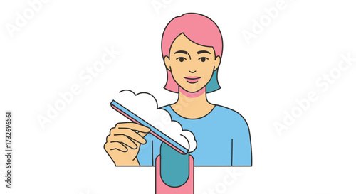 Young woman with pink hair filing her fingernail illustration.