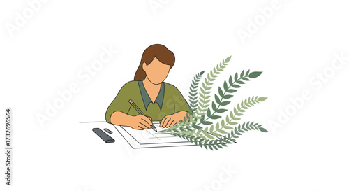 Illustration of a woman artist drawing at her desk.