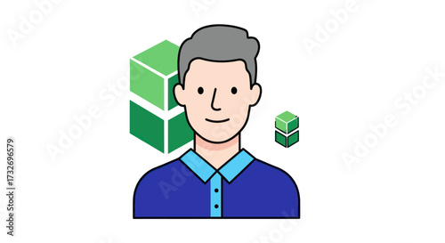 Illustrated male character with gray hair and blue shirt.