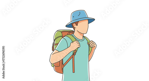 Young male adventurer with a backpack and hat illustration.