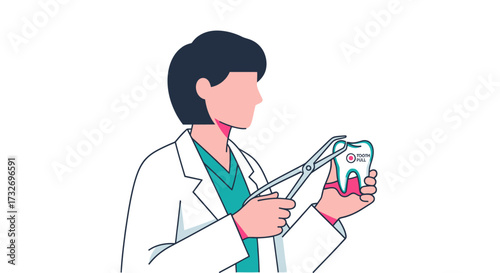 Female dentist in a lab coat holding a tooth model and extraction forceps.