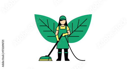 Eco friendly cleaning service woman with green leaf wings.