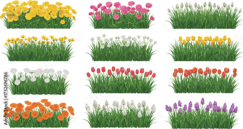 Flower cluster illustration set, cartoon garden plants, colorful floral icons, landscaping clipart pack, nature design elements, vector foliage graphics, outdoor assets