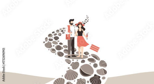 Pilgrim couple on the Camino de Santiago shell path.