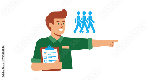 Male tour guide with clipboard pointing the way for a group.