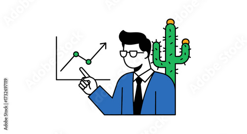 Businessman pointing at an upward trending financial graph.