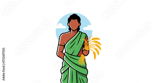Illustration of an Indian farmer in traditional green clothing holding wheat.