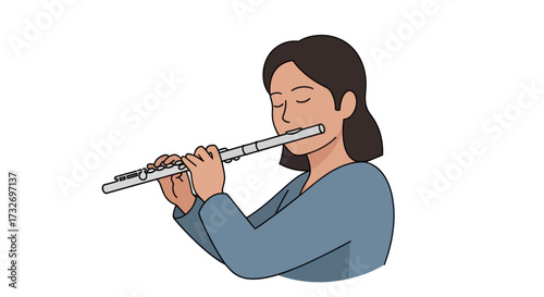 Young female musician gracefully playing a classical silver flute.