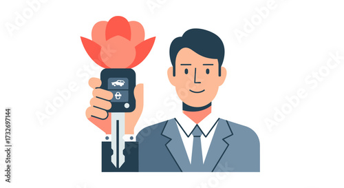 Businessman holding a car key with a large lotus flower.