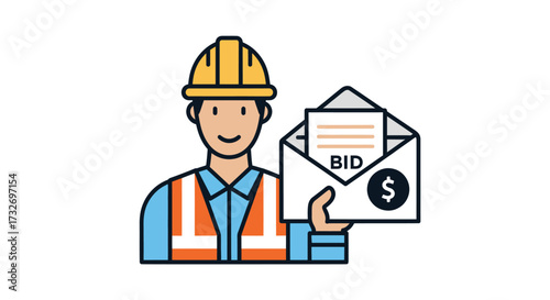 Construction Worker Holding a Financial Bid Proposal Envelope.