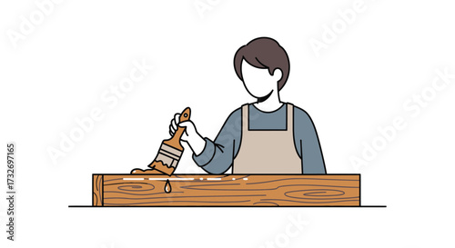 Illustration of a person in an apron painting a wooden plank.