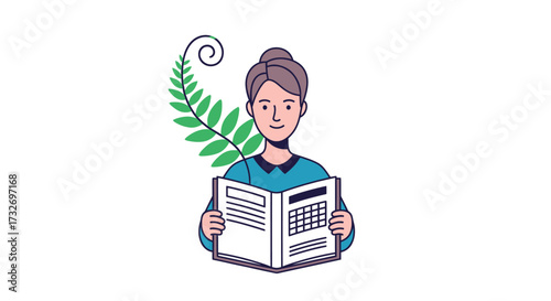 Illustration of a smiling woman with a hair bun reading a book.