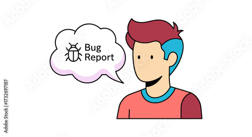 Vector illustration of a person with a bug report speech bubble.