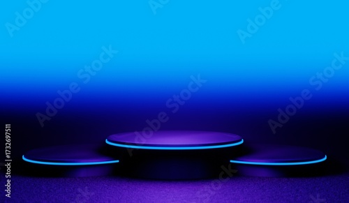 3d illustration rendering of y2k 2000s gaming technology futuristic fantasy metaverse cyberpunk sci-fi display podium pedestal stage room abstract background in neon-glow